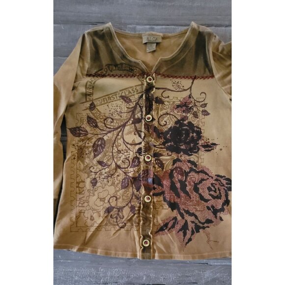 Peck & Peck Weekend Women's Floral Buttoned Top Size Medium  Tan - Picture 5 of 11